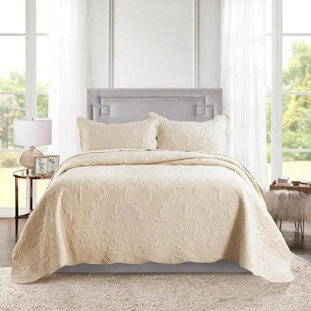 Drap de lit réversible beige à broderies cachemire Queen Size 230x245 cm