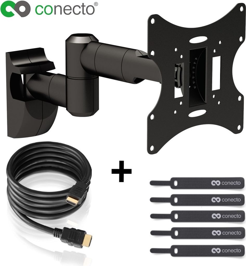 conecto LCD LED TV Fernseher Wandhalterung neigbar, schwenkbar und ausziehbar für 10-42 Zoll, schwarz, inkl. GRATIS HDMI-Kabel und Klett-Kabelbinder