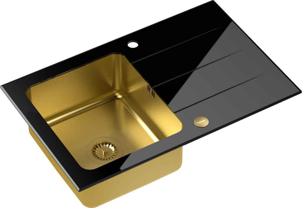 QUADRON Spülbecken 1-Becken Spüle | Größe: 78 x 50 x 19 cm | FORD 111 | Küchenspüle Glass & Edelstahl mit Siphon | Schwarz & Gold PVD