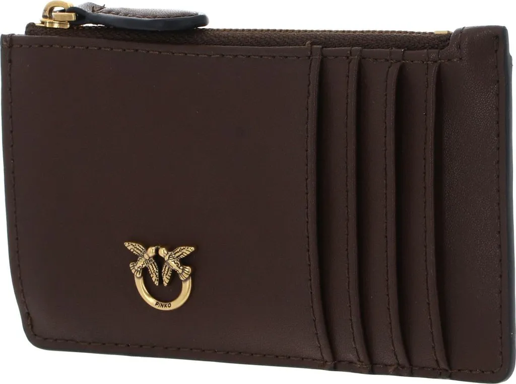 Porte-cartes PINKO Airone Cuir Marron avec Logo Love Birds Doré