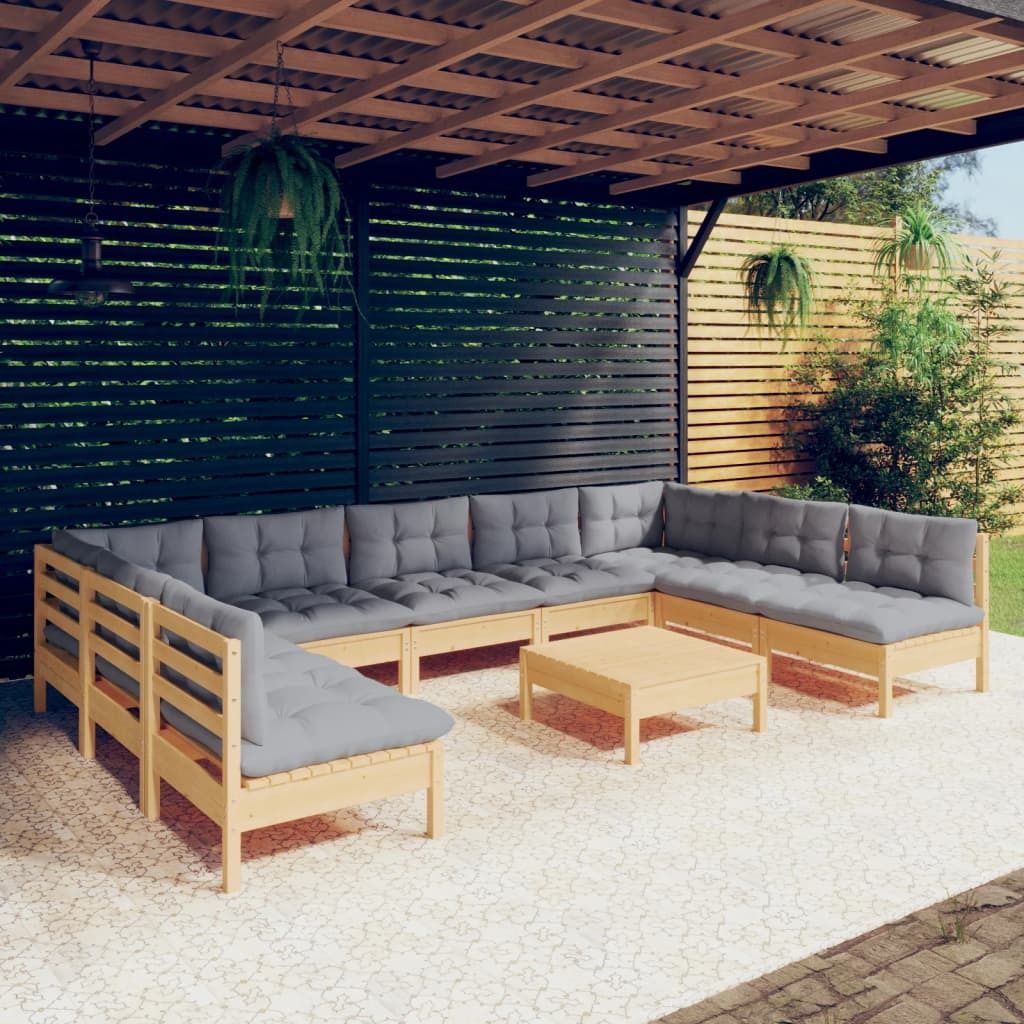 Eleganten-Stil 10-tlg. Garten-Lounge-Set mit Grauen Kissen Kiefer Massivholz DE3880418