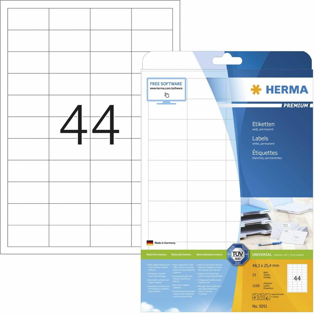 HERMA Etiketten A4 weiß 48,3x25,4 mm Papier matt 1100 St.