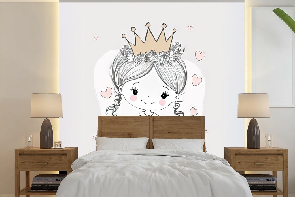 MuchoWow Fototapete für Wohnzimmer oder Schlafzimmer Wandtapete Vinyl Motivtapete Prinzessin - Herzen - Blumen - Krone - Mädchen - 220x220 cm -...