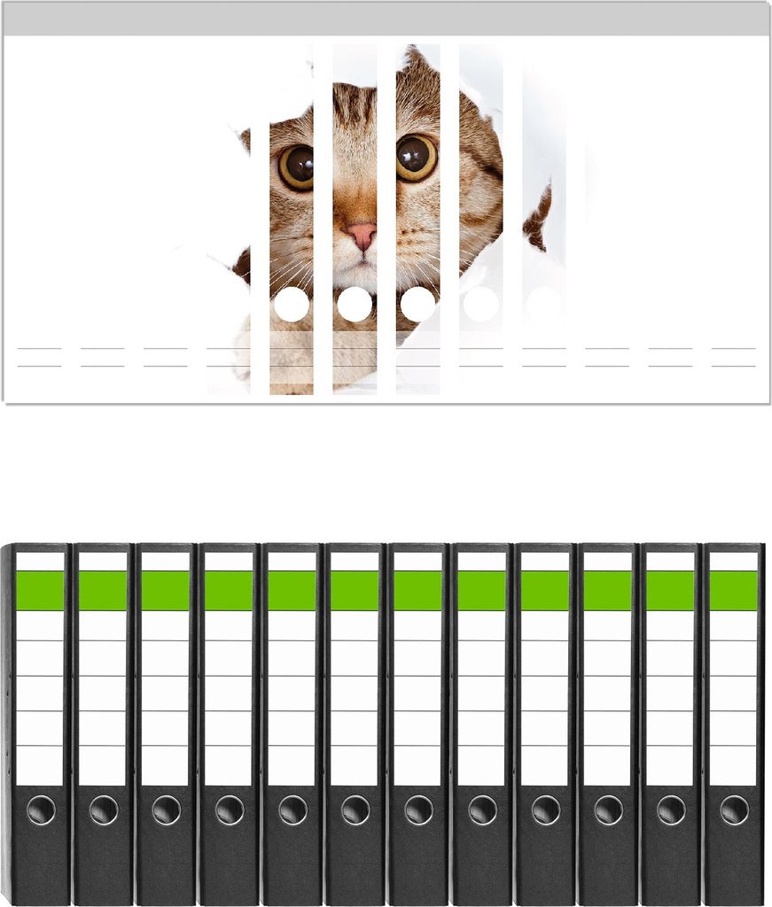 Wallario 12 Stück schmale Ordner inkl. Klebeetiketten mit Motive Katze mit Blick nach vorn - Set mit Rückenschildern / Ordnerrücken Stickern