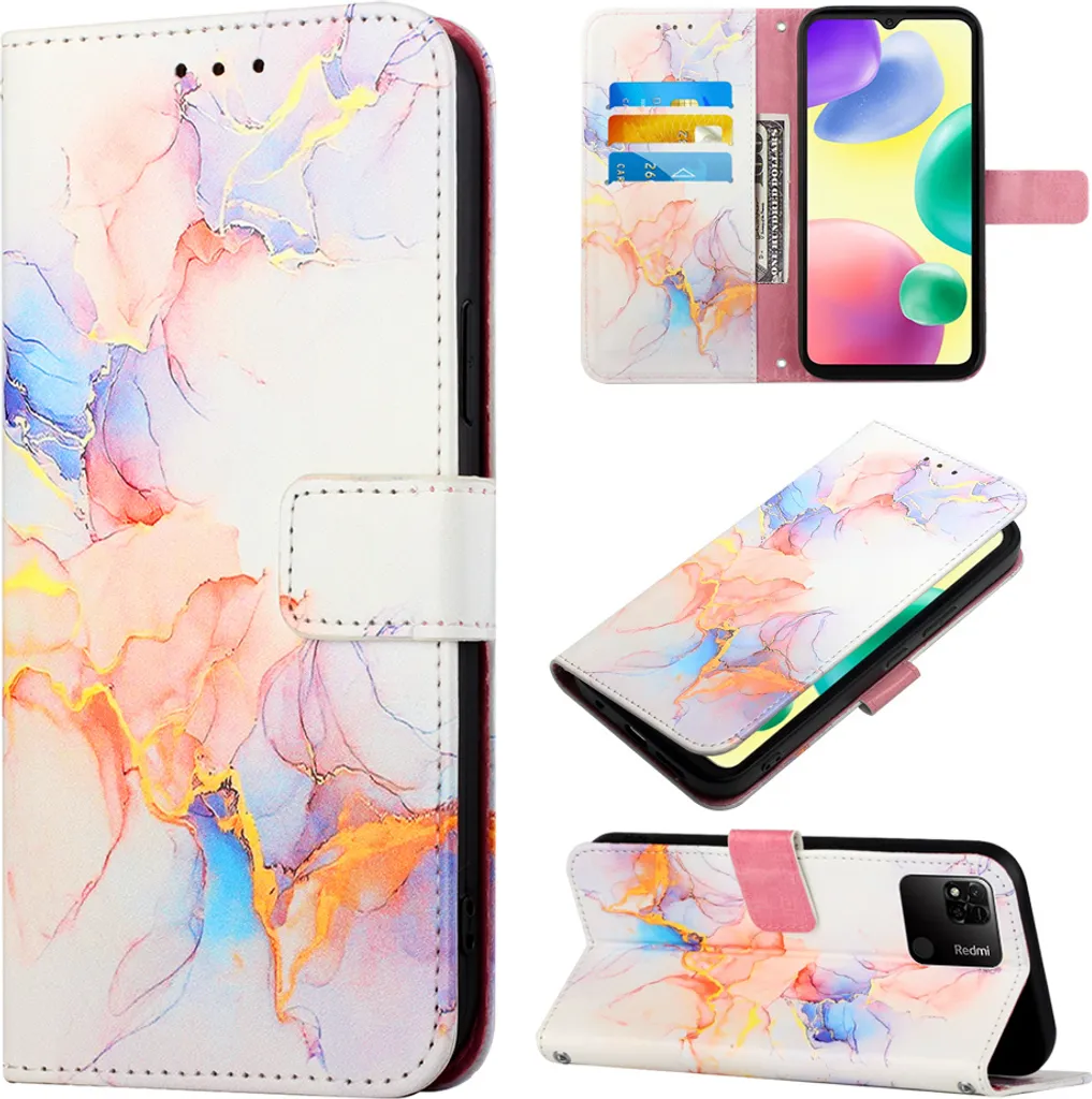 Custodia per Redmi 10A, Custodia in Finto cuoio con motivo a marmi, Portafoglio e Portacarte con funzione Stand Flip Cover per Xiaomi Redmi 10A colorata