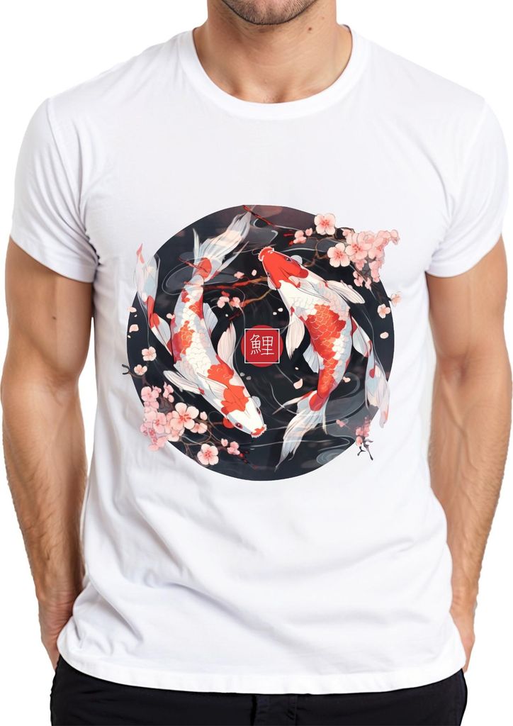 Koi Karpfen Sakura Japanisch Fische Zen Kirschblüten YinYang 鯉 Herren T-Shirt, Weiß, XL