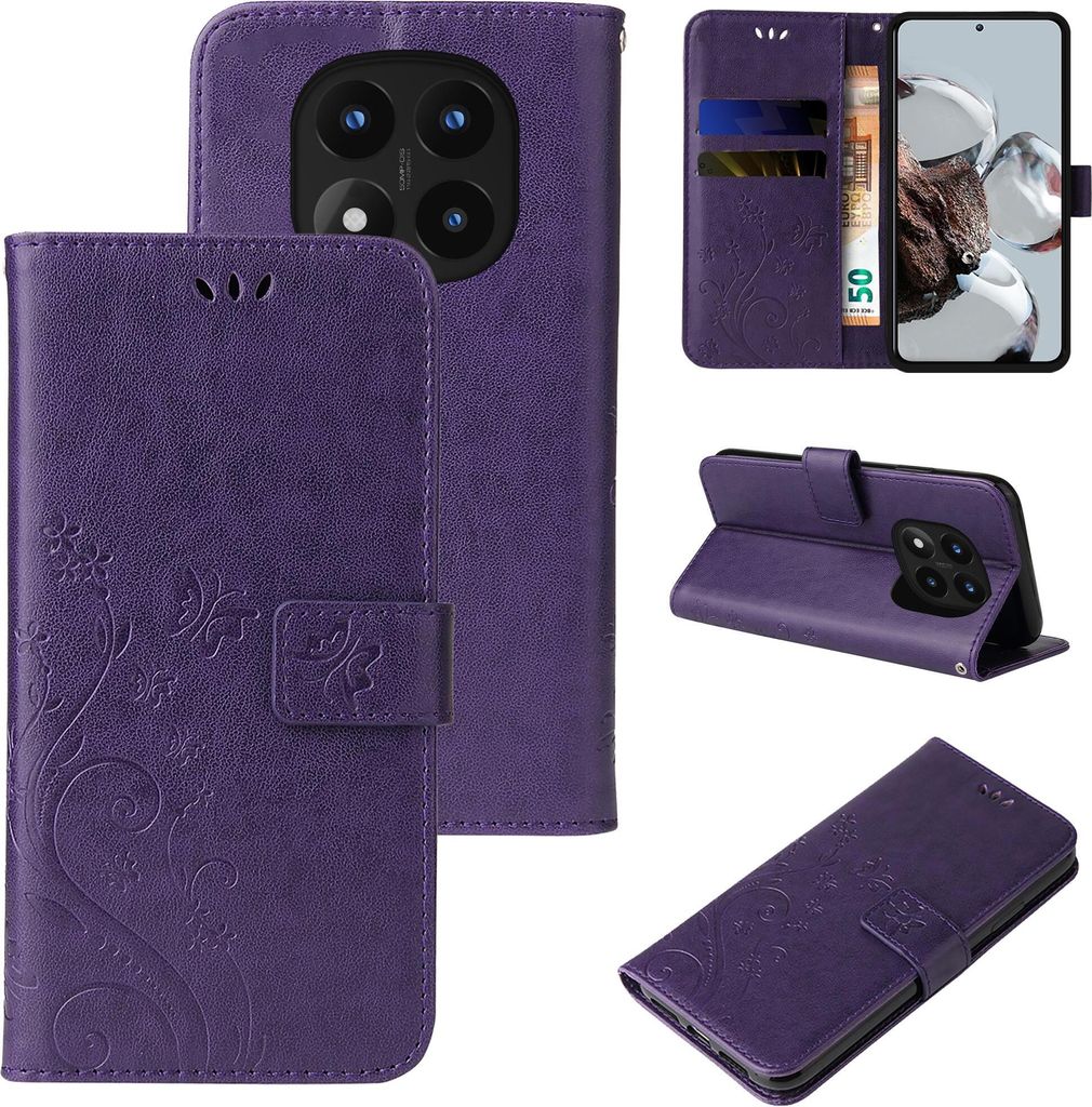 A collage of images showing a purple floral and butterfly embossed flip phone case for a Xiaomi Redmi Note 14 Pro 5G / 14 Pro+ 5G.