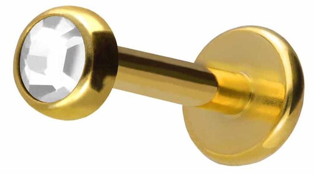 Ohrpiercing, Nasenpiercing Titan Labret mit Innengewinde KRISTALLDISC Gold Stablänge: 10mm | Stabstärke: 1,2mm | Discgröße: 3mm