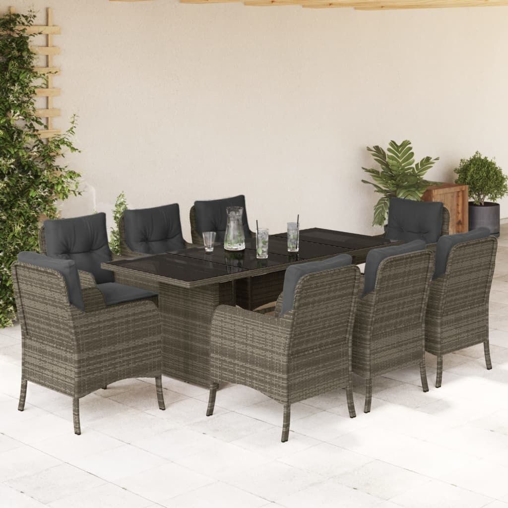 9-tlg. Garten-Essgruppe mit Kissen Grau Poly Rattan - Gartenmöbelset 3211885