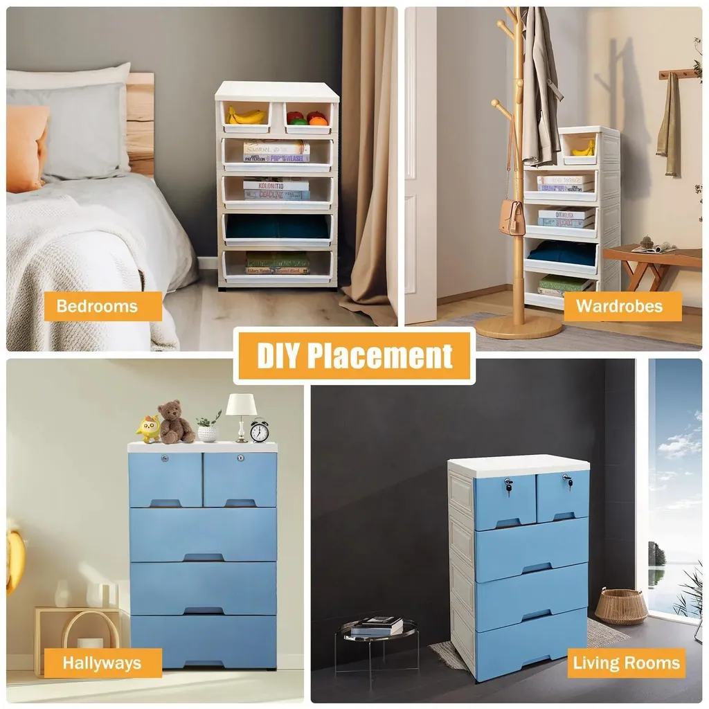 Commode de rangement bleue en PP à 6 tiroirs, charge max de 40 kg - 5
