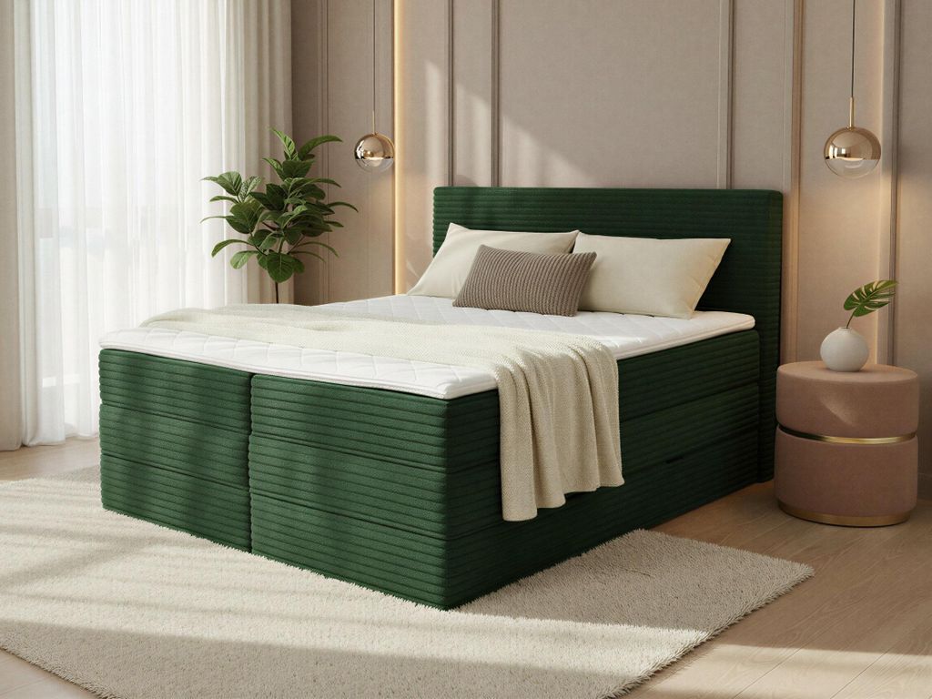 Boxspringbett Mollo XL mit 2 Bettkästen und Topper, mit Taschenfederkern- und Bonellfederkernmatratze, Doppelbett, Polsterbett aus Cordstoff mit S...