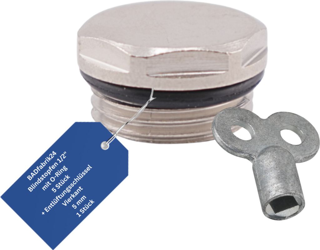 BADfabrik24 Blindstopfen 1/2" mit O-Ring 5 Stück + Entlüftungsschlüssel aus Metall, Vierkant 5mm 1 Stück