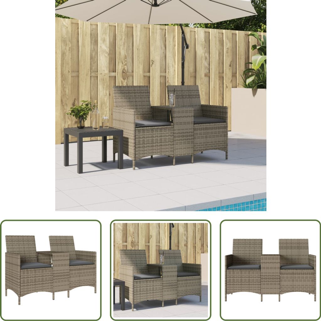 The Living Store Gartensofa 2-Sitzer mit Tisch und Kissen Grau Poly Rattan