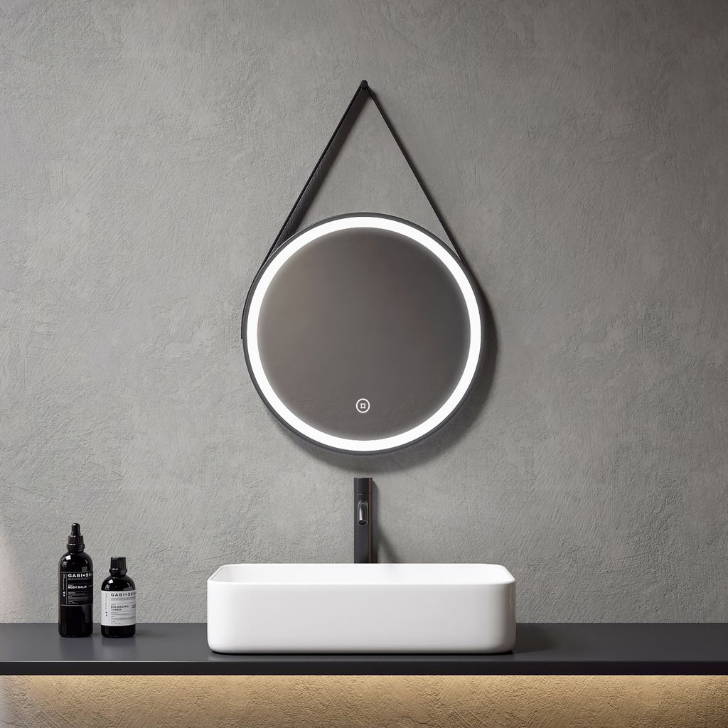 Meykoers Badspiegel 50cm Rund Spiegel mit Beleuchtung Schwarzem Eisenrahmen mit Gürtel LED Kaltweiß Licht Dimmbar