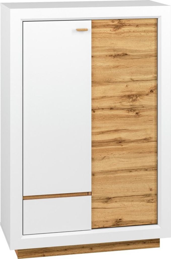 Kommode Temecula 04, Farbe: Eiche / Weiß - Abmessungen: 138 x 92 x 43 cm (H x B x T), mit 2 Türen und 6 Fächern