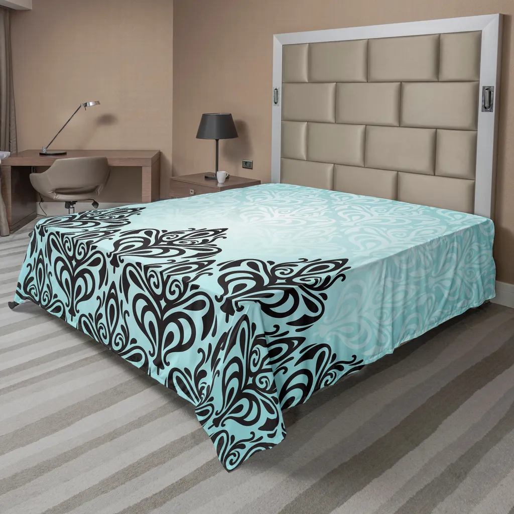 Drap plat ABAKUHAUS en damas bleu noir, motif floral royal 244x205 cm