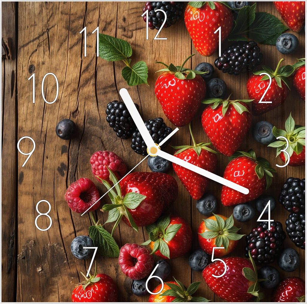 Wanduhr aus Glas mit Motiv Frische Beeren Exquisit- 30 x 30 cm - inkl. Aufhängesystem