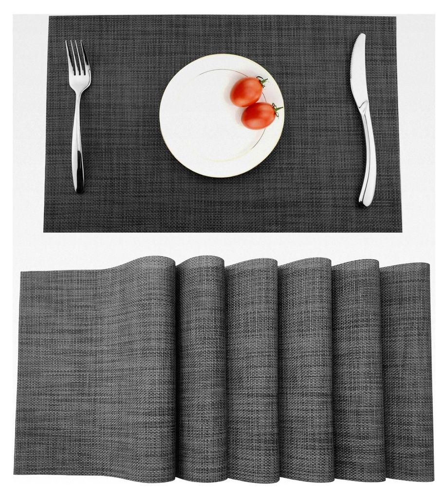Abwaschbare Platzsets 6er Set, Gewebte Tischsets rutschfest und hitzebeständig, PVC Platzsets für Küche und Speisetisch, 30x43,5 cm (Grau)