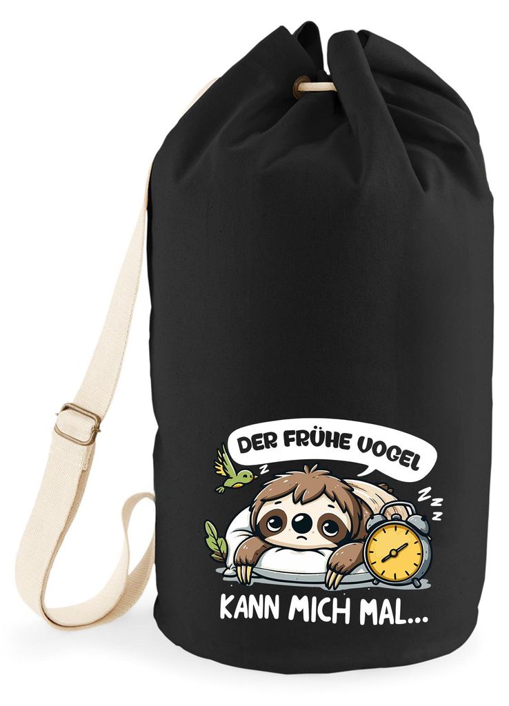 Huuraa Seesack Der frühe Vogel kann mich mal Faultier 20 Liter Black Baumwolle Rucksack Geschenkidee
