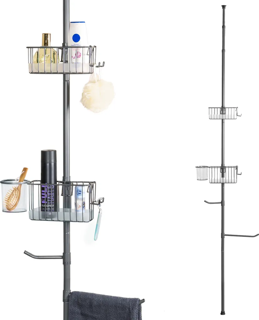 Étagère salle de bain sans perçage télescopique 290 cm, 2 paniers gris