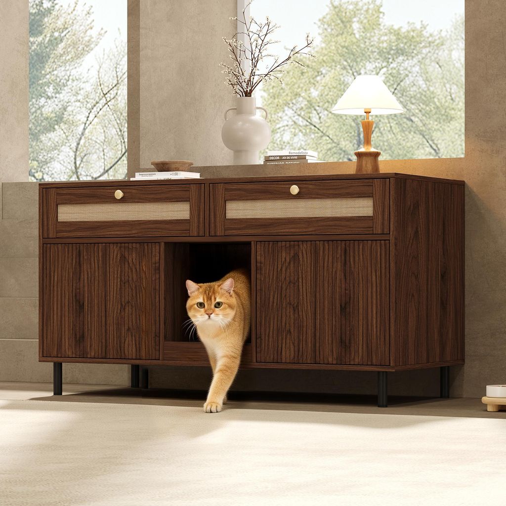 MODFU Haustier-Sideboard Katzentoilettenschrank mit Rattanschublade Katzenstreufangmatte und Haustierschrank mit Stauraum Katzenstreuschrank ohne K...