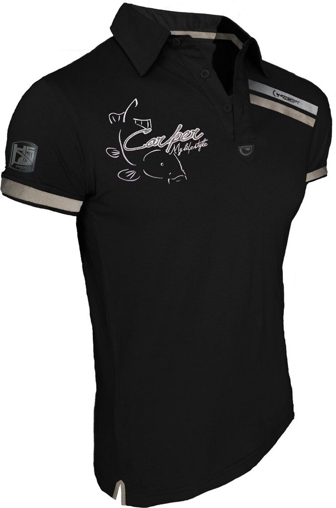 HOTSPOT DESIGN Poloshirt Carper, M, schwarz-schwarz, Polo Hemd, Für Karpfenangler, PL-01009S02