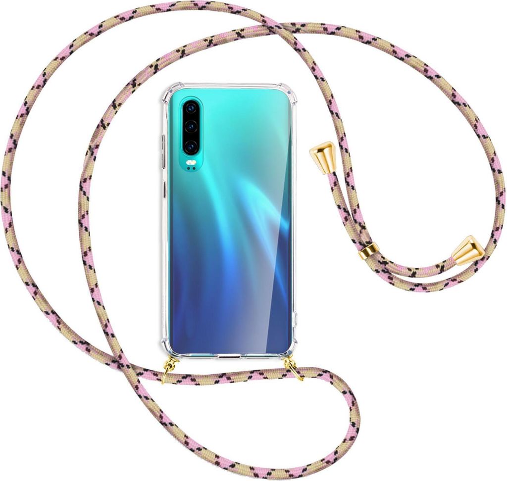 Handykette Backcover-Schutzhülle mit Band (Metall goldfarben) für Huawei P30 - rosa Karo