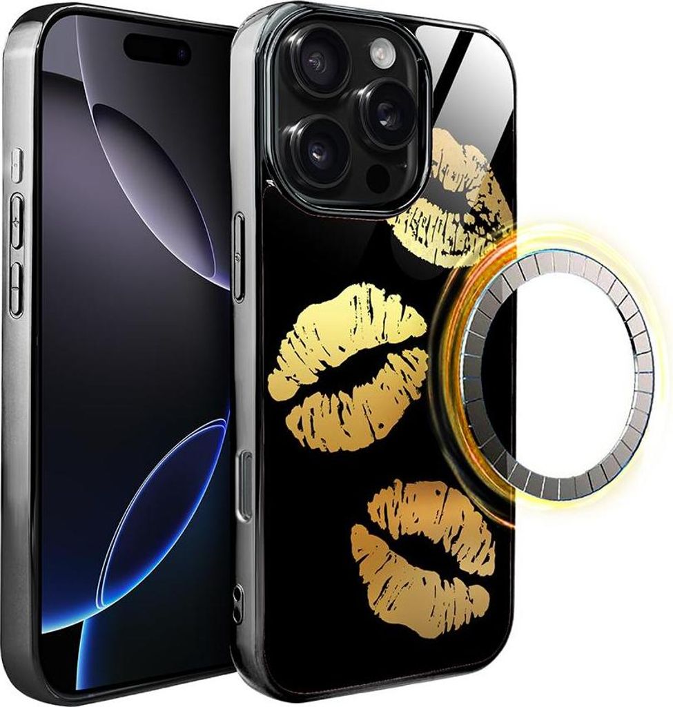 iPhone 16 Pro IBIZU Elite Glass Case mit MagSafe, Glasrückseite, Golden Midnight, Lips, Schwarz