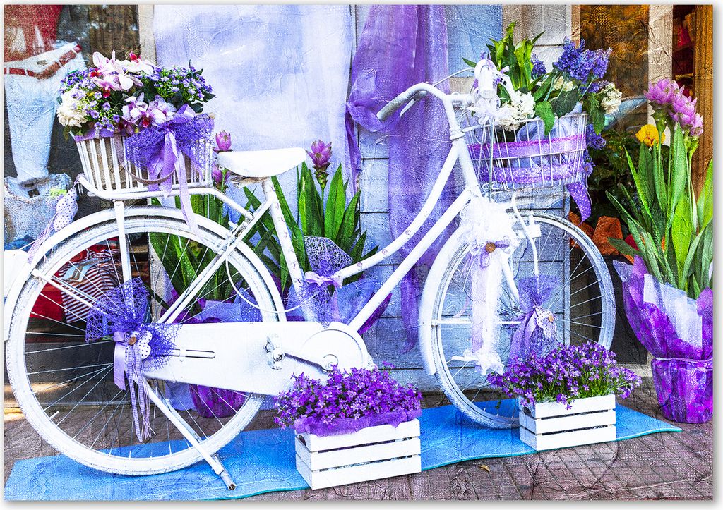 Tulup Leinwandbild - 100x70 cm - Wandkunst - Drucke auf Leinwand - Leinwanddruck - Fahrzeuge - Lila - Weißes Fahrrad