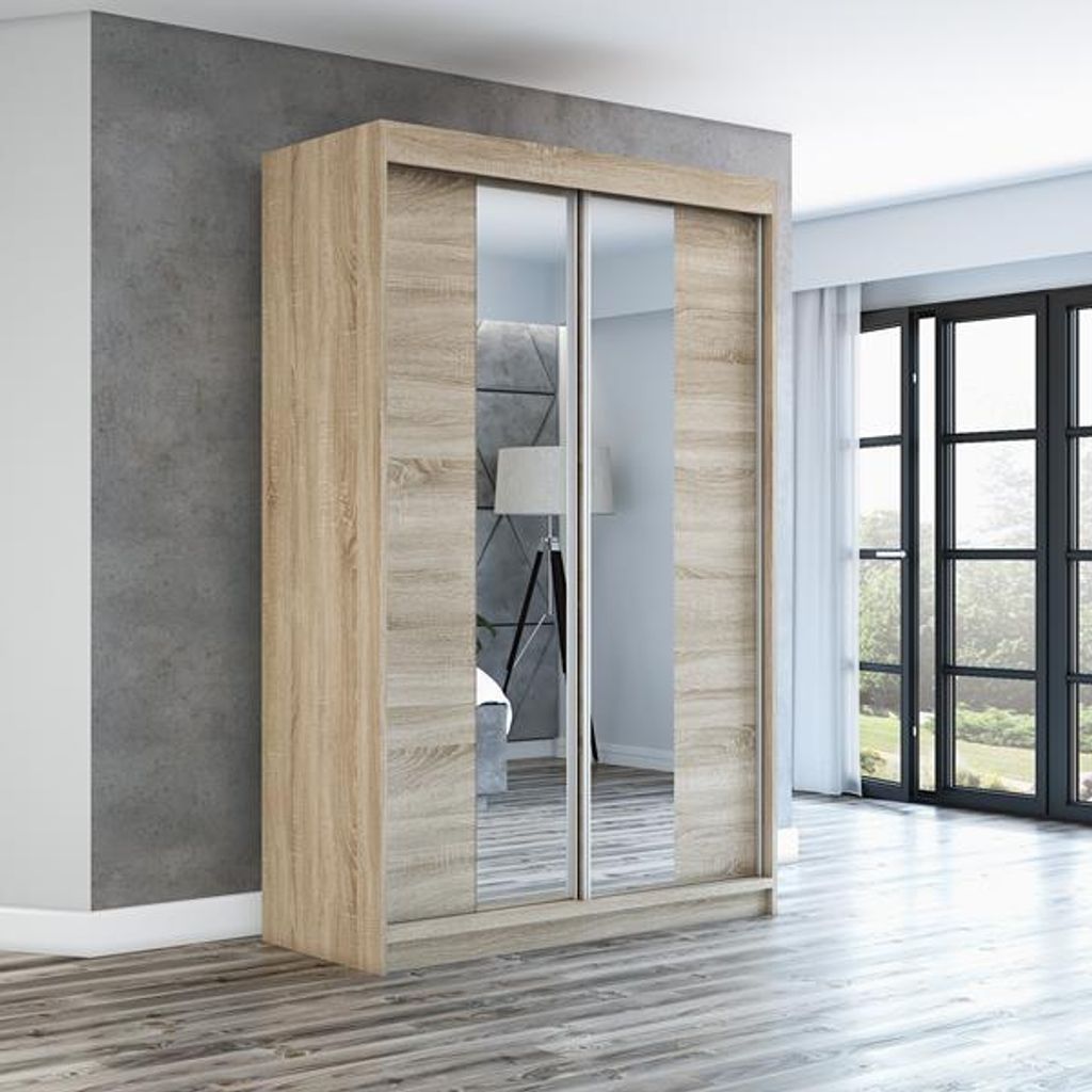 Schwebetürenschrank, 2-türig Schrank mit Spiegel! Moderne Garderobe für Kleidung. Verschiedene Farben (Weiß, Schwarz, Somona) Kleiderschrank NE...