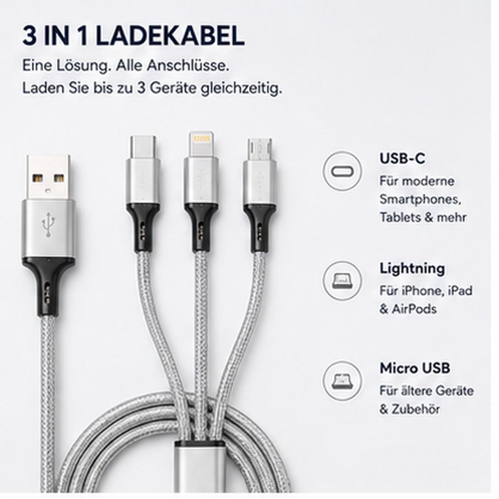 3v1 nabíjecí kabel 1,2 m USB na USB-C Lightning Micro USB Obrázek produktu 