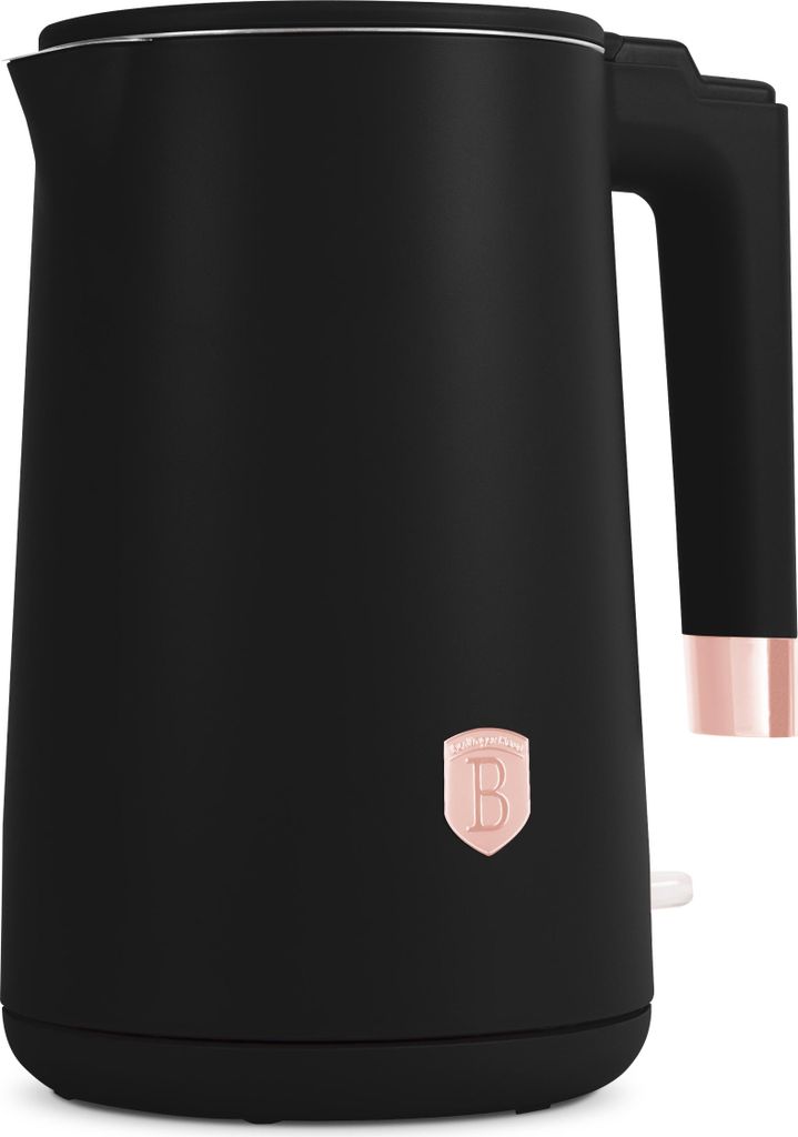 A black electric kettle with rose gold accents, shown against a white background.