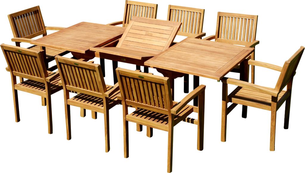ALEOS. Teak Set: Gartengarnitur Ausziehtisch 150-210 cm x 90 cm + 8 Miami Sessel stapelbar 9-tlg. Essgruppe aus Teakholz