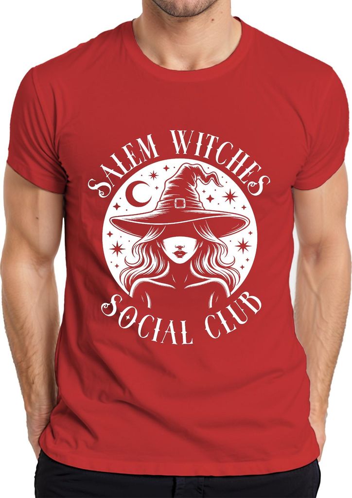 Salem Witches Social Club Halloween Hexenhut Mond Sterne Mystisch Vintage Herren T-Shirt, Rot, 3XL