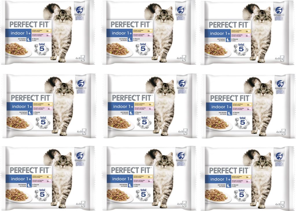 PERFECT FIT Indoor 1+ Katzenfutter Nassfutter Portionsbeutel Multipack 9 x 4 x 85g