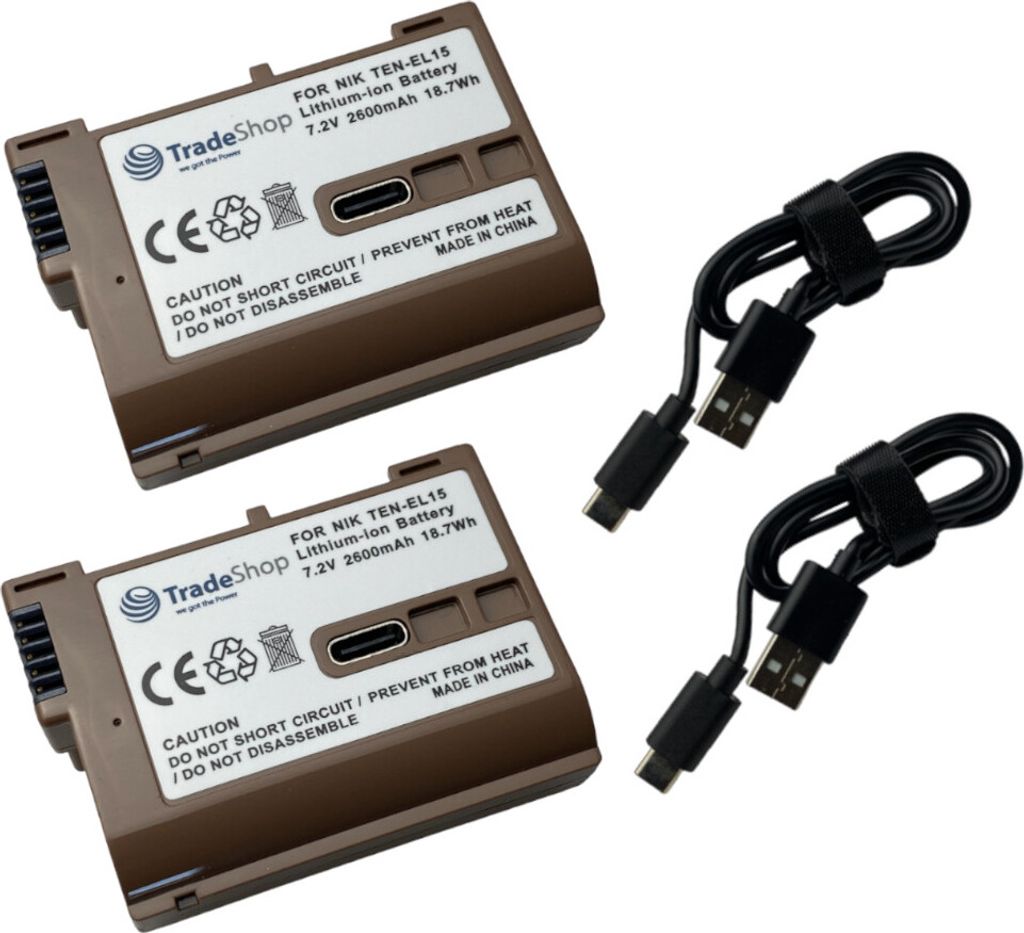 2x Trade-Shop Li-Ion Kamera-Akku 7,2V / 2600mAh inkl. USB-C Ladekabel kompatibel mit Nikon D500 D600 D610 D750 D850 D7000 D7100 D7200 D7500 D800