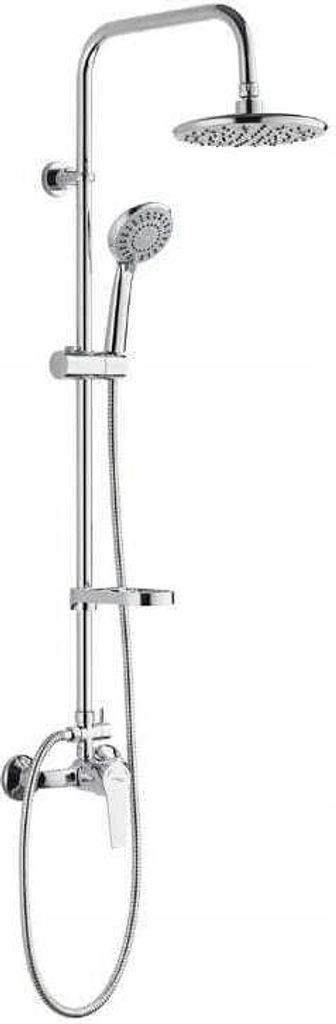 A chrome shower set with a rain shower head and a handheld shower head, mounted on a vertical pole.