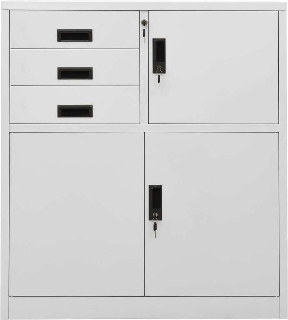 A light gray metal office cabinet with drawers and doors.