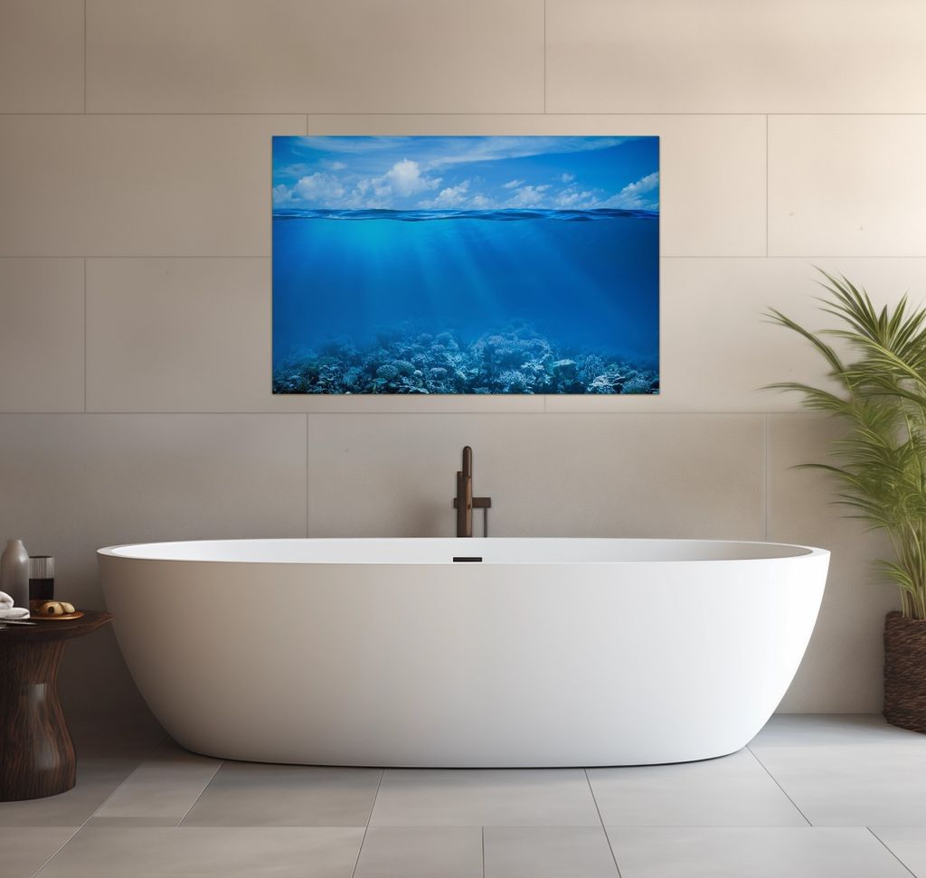 Wallario wasserfestes Poster selbstklebend 91,50 x 61 cm, Unterwasserwelt Meer, Badezimmerposter Spritzschutz mit Hochglanzoberfläche in Glasoptik