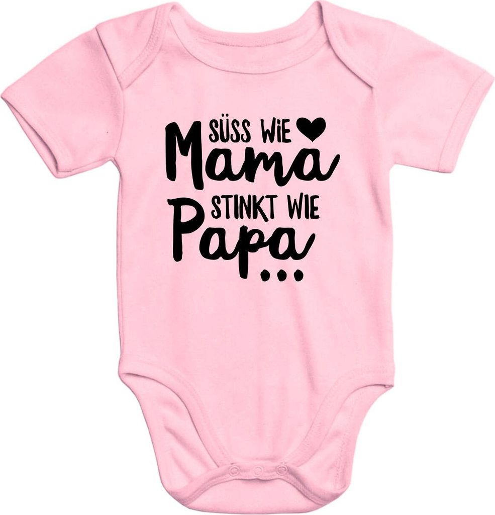 Kurzarm Baby-Body mit Aufdruck Süß wie Mama Stinkt wie Papa Spruch lustig Baumwolle Moonworks rosa 12-18 Monate