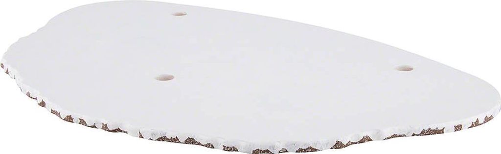 A white, irregularly shaped object with a rough brown edge and three small holes is shown against a white background.