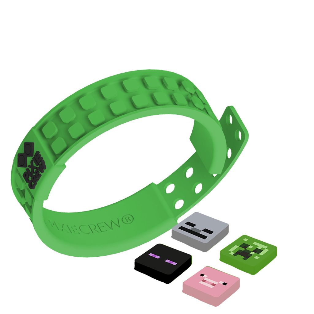 A green PIXIE CREW & MINECRAFT adjustable bracelet with four detachable pixelated charms.