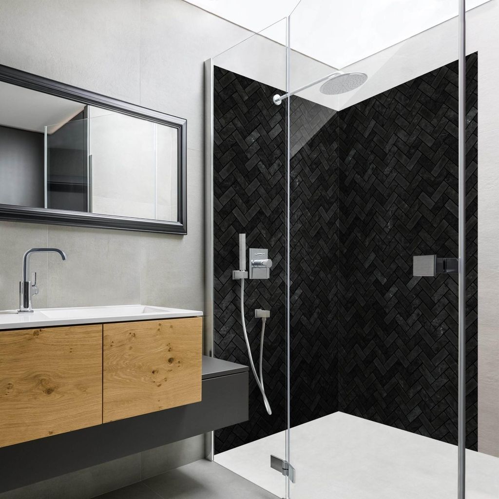 Duschrückwand mit Motiv selbstklebend - 0.61 mm Wandpaneel wasserfest Design schwarz Fliesenoptik Badrückwand fugenlos Premium matt 80x190 cm