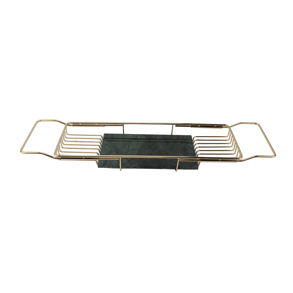 Tablette de baignoire extensible en métal doré et marbre vert précieux