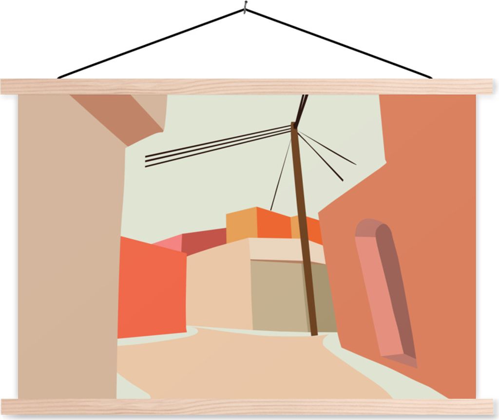 MuchoWow Textilposter Stromkabel - Haus - Sommer - Pastell 60x40 cm mit holzfarbenen Rahmen - Bilder