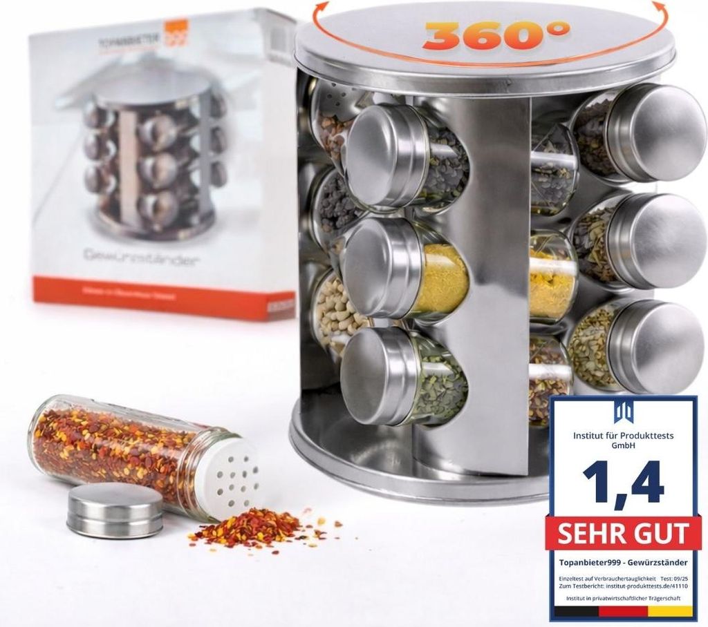 Gewürzständer inkl. 12 Gläser mit Drehdeckel Gewürzregal 360 ° drehbar Gewürzkarusell aus Edelstahl rund