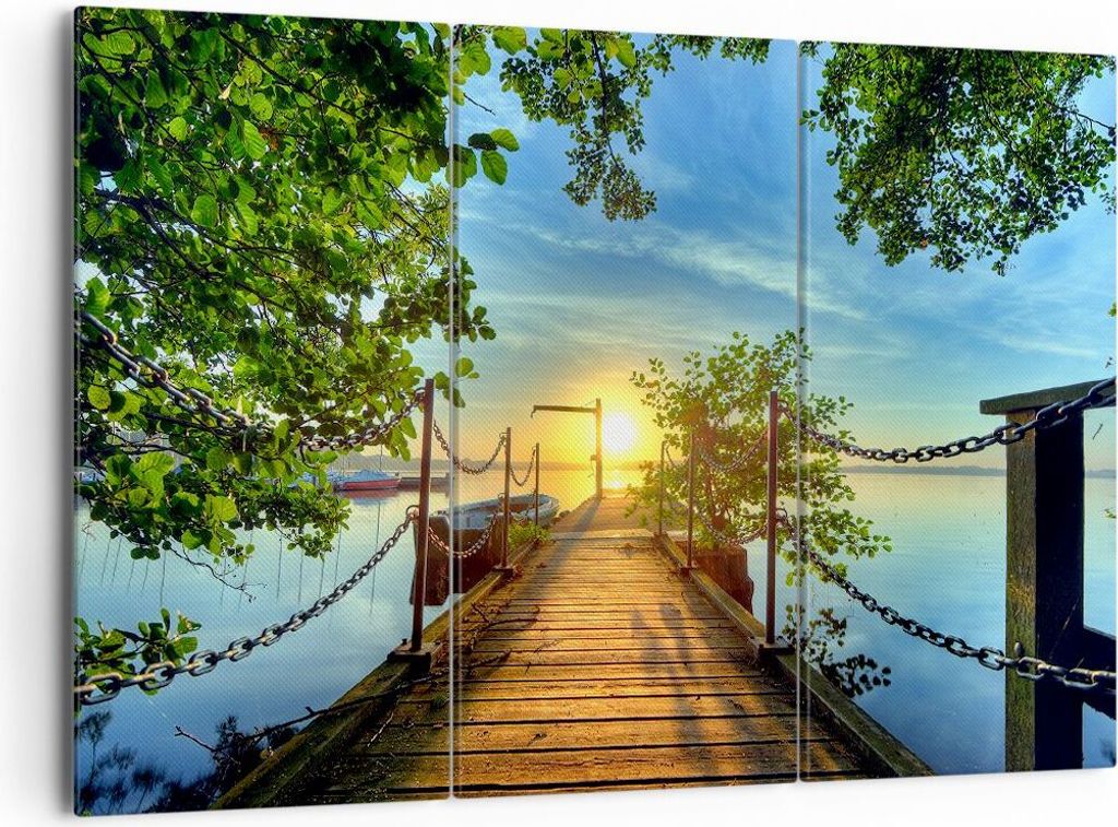 Bild auf Leinwand - Leinwandbild - See Sonnenuntergang Boot Landschaft - 165x110cm - Wand Bild - Wanddeko - Leinwanddruck - Bilder - Kunstdruck - L...