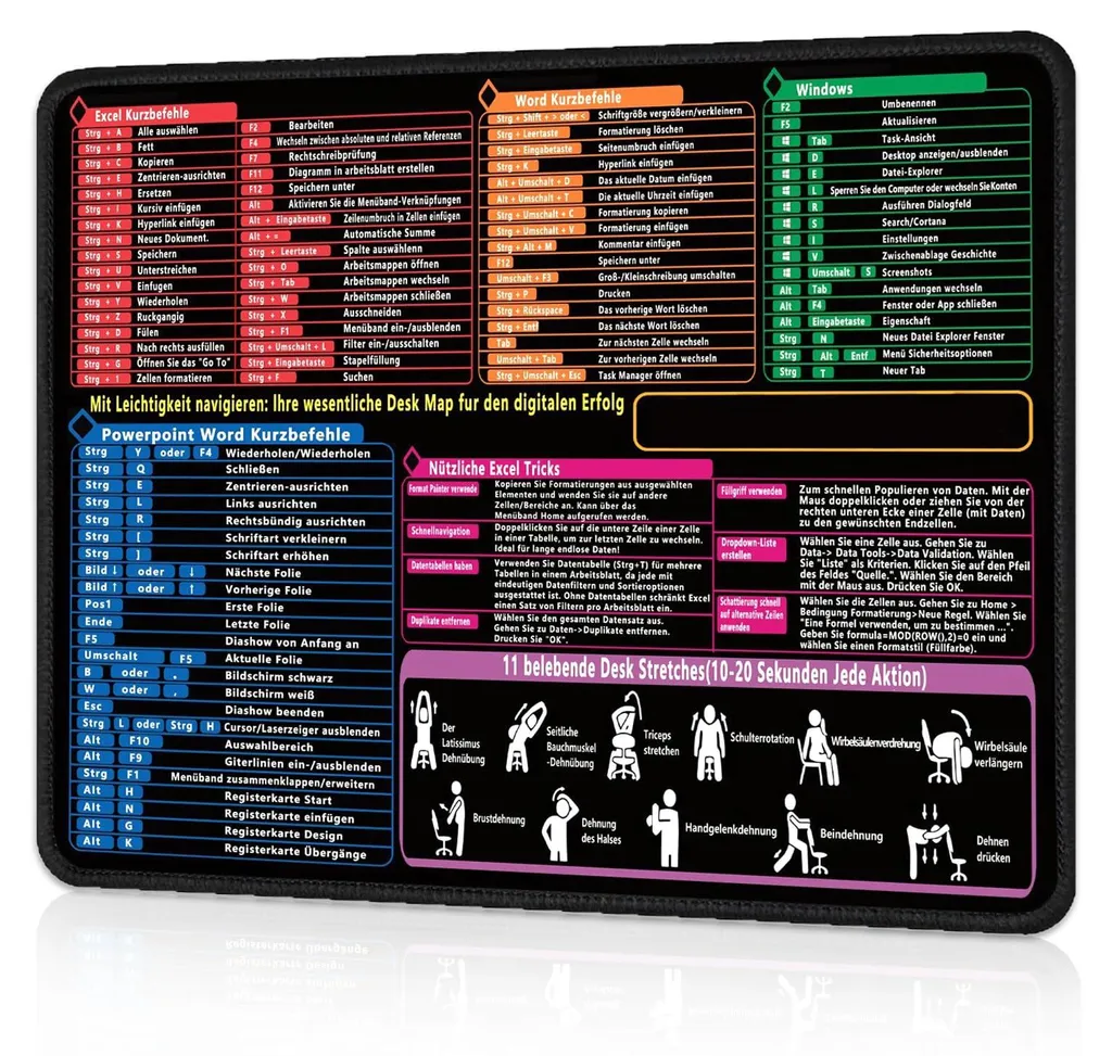 Tapis de souris aide-mémoire Excel et raccourcis Windows 300 x 250 mm