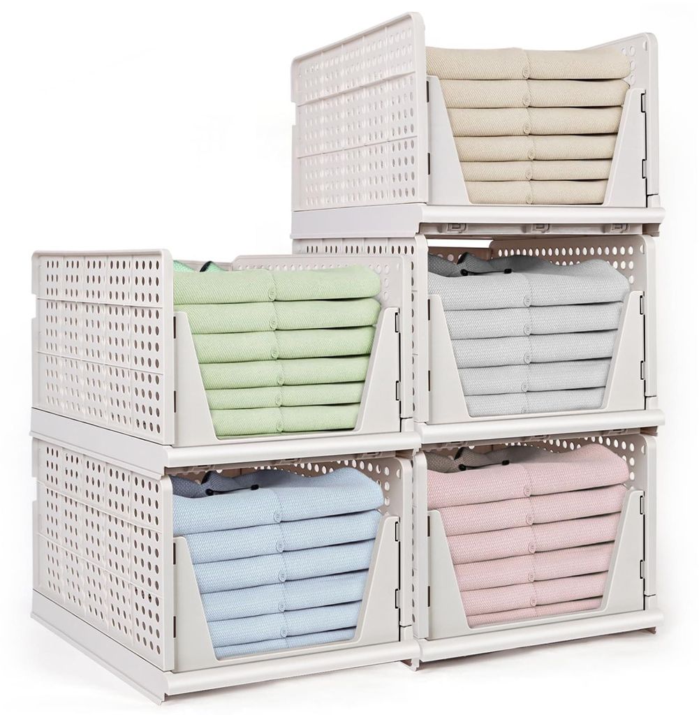 Set mit 5 hohen Schubladenboxen, weiße, stapelbare Kleiderschrank-Organizer, faltbare Aufbewahrungsboxen mit Regalböden, stapelbare Schrankschubl...