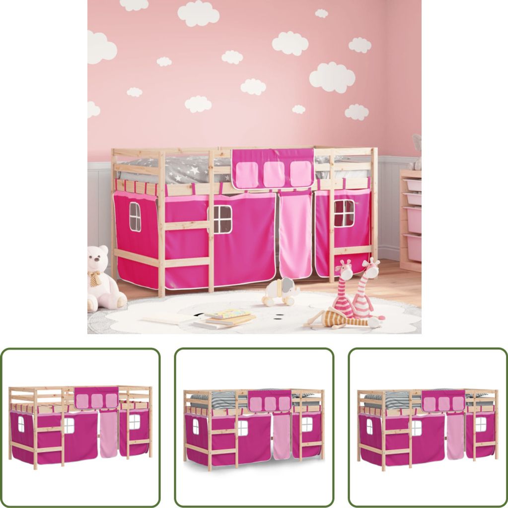 The Living Store Kinderhochbett mit Vorhängen Rosa 80x200 cm Massivholz Kiefer